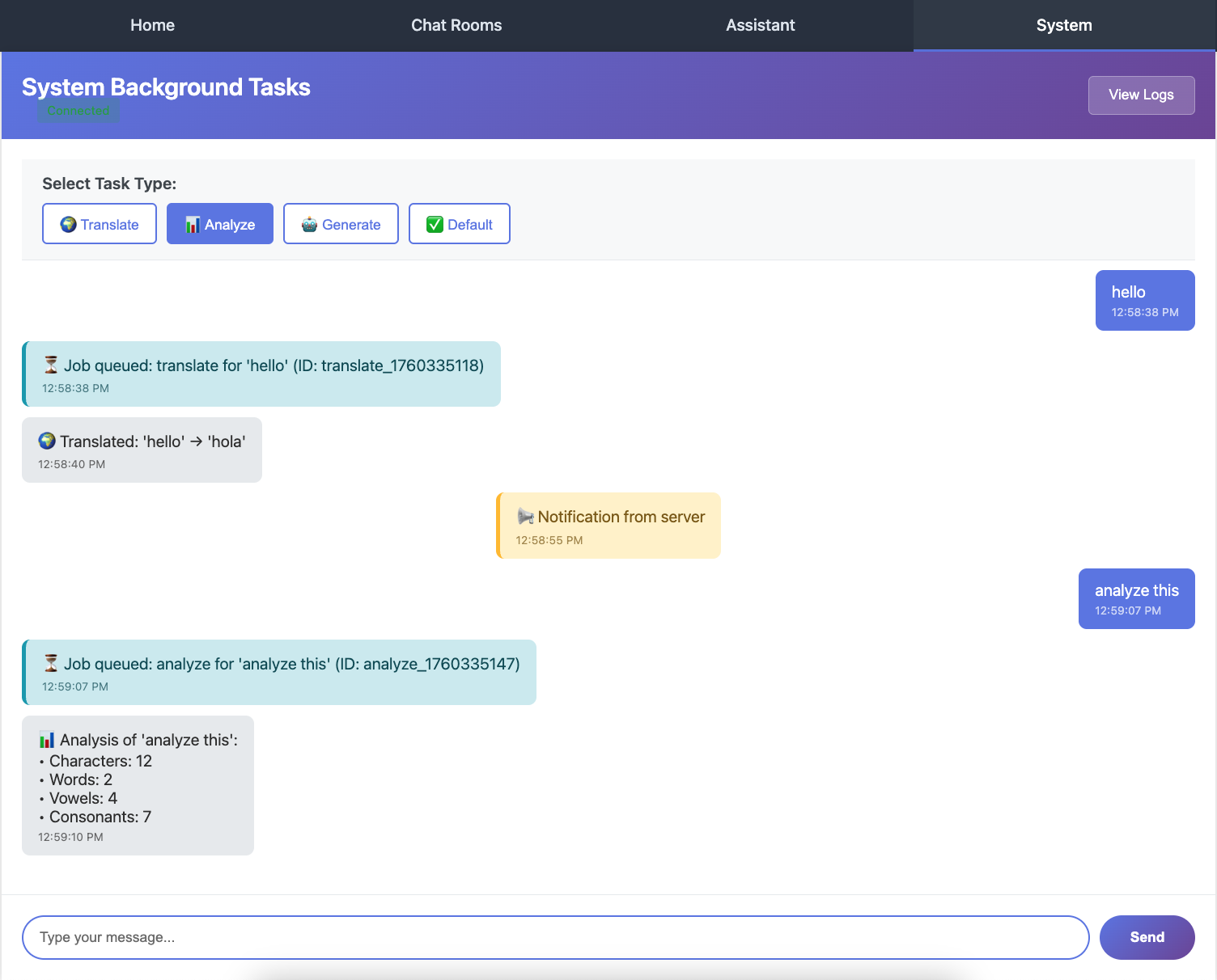 System WebSocket showing task results and server notification